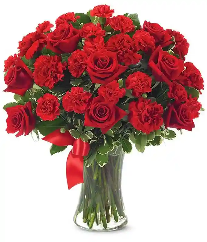 Red roses and carnations in glass vase 